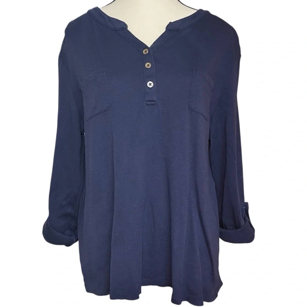 Chico’s Blue Relaxed Fit Henley Blouse | Mandarin Collar 3/4 Sleeve Casual Top